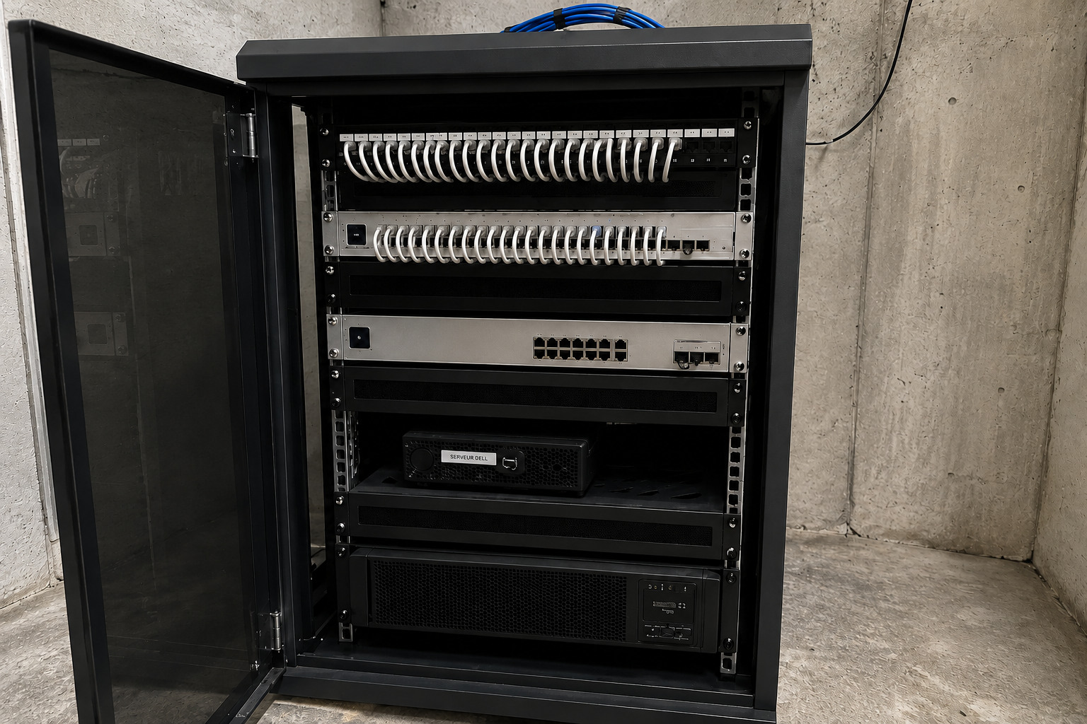 Baie informatique réorganisée avec serveur Dell et câblage réseau professionnel